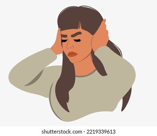 A young woman with anxiety keeps her hands on her head, closes her ears. Stress syndrome, nervous breakdown, despair, anxiety, confusion of thoughts. Mental disorder and chaos in consciousness. 
