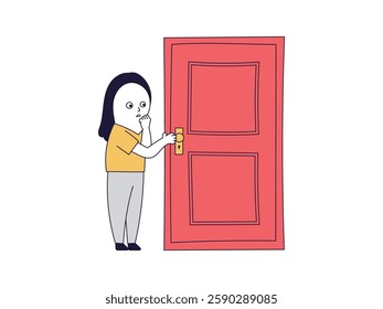 A young woman with an anxious expression opening the door timidly