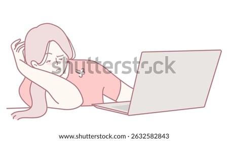 A young woman appears to be utterly bored while using her laptop, which symbolizes frustration and monotony she feels