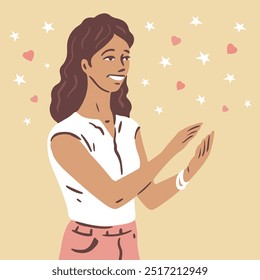 Uma jovem mulher aplaude. Um gesto de aprovação, apoio, felicitações e aplausos. Vida social, trabalho e relacionamentos. Ilustração de vetor de desenhos animados