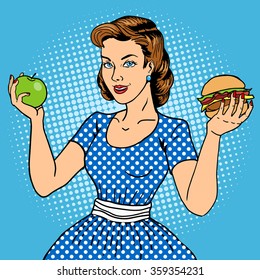 Young woman with apple and burger pop art style vector illustration. Comic book style imitation. Vintage fashion