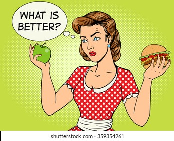 Young woman with apple and burger pop art style vector illustration. Comic book style imitation. Vintage fashion