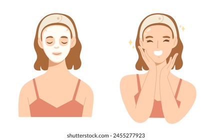 Young woman applies facial mask sheet on her face and get clear and healthy facial skin. Concept of skincare routine, spa, self-love, beauty product, facial treatment, beauty lifestyle. Flat vector.