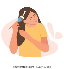 A young woman applies a mask to her hair. Brush in hand. Girl take care about her hair, doing home spa procedure. Flat cartoon style vector illustration.