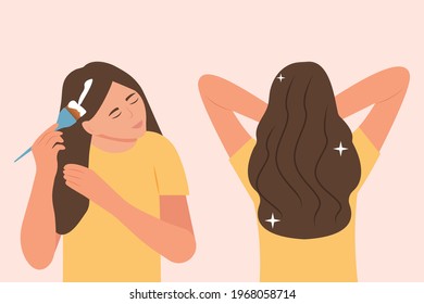 A young woman applies a mask to her hair. Brush in hand. Girl take care about her hair, doing home spa procedure. Hair treatment. Before and after. Healthy hair.Flat cartoon style vector illustration.