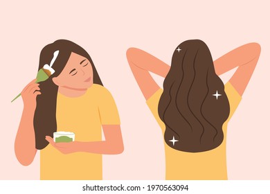 A young woman applies a mask to her hair. Woman holding  bottle with hair mask. Brush in hand. Girl take care about her hair doing home spa procedure. Hair treatment. Before and after. 