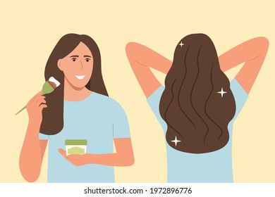 A young woman applies a mask to her hair. Brush in hand. Girl holding mask bottle,take care about her hair, doing home spa procedure. Hair treatment. Before and after. Healthy hair.Vector illustration