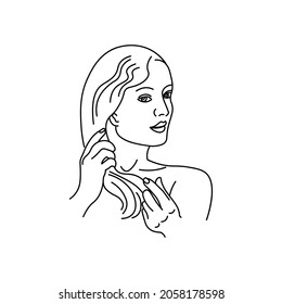A young woman applies a mask to her hair. Line girl abstract minimalist silhouette.Body Care for spa salon, eco cosmetics vector icons in sketch style. 