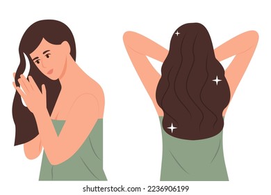 A young woman applies a mask to her hair.Girl take care about her hair, doing home spa procedure. Hair treatment. Before and after. Healthy hair.Flat cartoon style vector illustration.