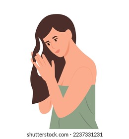 Una joven mujer le aplica una máscara al pelo. Niña se preocupa por su pelo, haciendo el procedimiento de spa en casa. Tratamiento del pelo. Cabello sano. Ilustración vectorial.