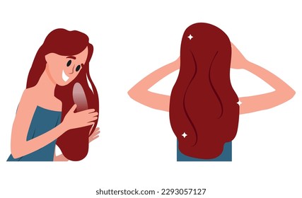 A young woman applies a mask to her hair.Girl take care about her hair, doing home spa procedure. Hair treatment. Before and after. Healthy hair.Flat cartoon style vector illustration.