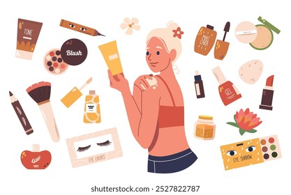 Young Woman Applies Skincare Cream While Being Surrounded By Various Beauty or Cosmetic Products And Makeup