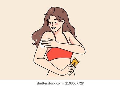 Young Woman Apply Sunscreen Lotion On Arms Protect From Sun On Beach. Girl Take Care Of Body Skin During Summer. Skincare And Cosmetology Concept. Flat Vector Illustration. 