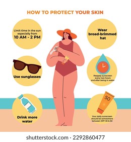 Mujer joven aplica loción de protector solar en los brazos para protegerse del sol. Protección de la piel e infografía de seguridad solar. Consejos de seguridad para el sol y el verano. Concepto de cuidado de la piel y cosmetología. Ilustración vectorial dibujada a mano.