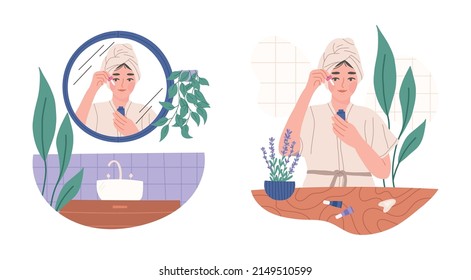 Young woman applying beauty products in front of the mirror, flat vector illustration isolated on white background. Self care and skin care concept. Spa and wellness. Vegan and cruelty free cosmetics.