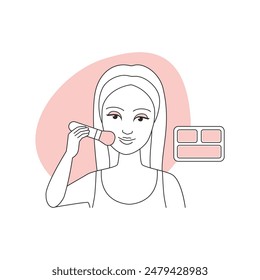 Young woman applying with brush concealer from palette line icon vector illustration