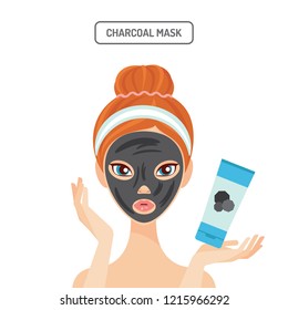 Young woman applying charcoal face mask cosmetics beauty and skincare vector illustration