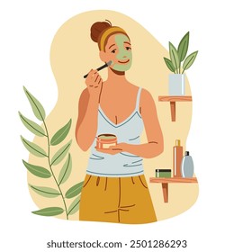 Young woman applying clay mask onto face flat color vector illustration. Lady taking care of skin with cleansing product concept icon on white