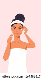 young woman applying eye drop dressed in towel girl with clean fresh skin skincare spa relax facial treatment concept portrait vector illustration