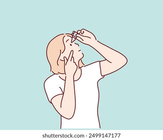 Young woman applying eye lubricant to treat dry eye or allergy. Hand drawn style vector design illustrations.