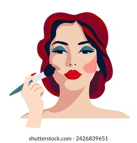 Mujer joven que aplica el rubor de la cara para el maquillaje perfecto. Hermosa chica con un cepillo para maquillaje en la mano. Ilustración aislada del vector en estilo de la historieta