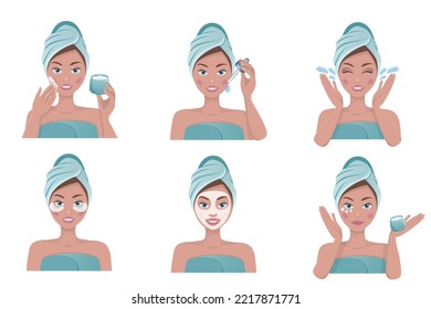 Young woman applying face cream. Girl with beautiful healthy skin. Face skin daily care steps. beauty treatment. taking foam bath at home. facial skin care. Home spa. Women's set