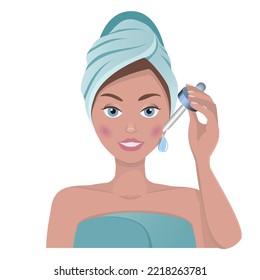 Young woman applying face cream. Girl with beautiful healthy skin. Face skin daily care steps. beauty treatment. taking foam bath at home. facial skin care. Home spa. Women's set.face serum