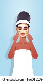 young woman applying face mask dressed in towel african american girl with clean fresh skin skincare spa facial treatment concept portrait vertical vector illustration