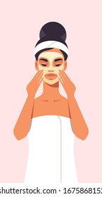 young woman applying face mask dressed in towel girl with clean fresh skin skincare spa relax facial treatment concept portrait vector illustration