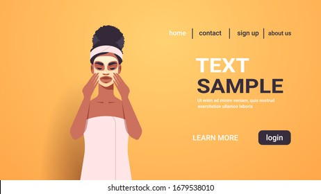 young woman applying face mask wrapped in towel african american girl cleaning face skincare spa facial treatment concept portrait horizontal copy space vector illustration