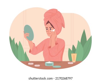 Young woman applying facial cream 2D vector isolated illustration. Lady at home spa flat character on cartoon background. Self care colourful editable scene for mobile, website, presentation