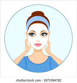 Young woman applying facial mask. Girl taking care of her face. Lady wearing headband. Cosmetic procedure for skin beauty. Moisturizing treatment. Anti-aging serum. Sheet mask. Cloth mask