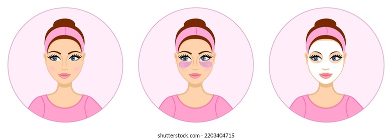 Young woman applying facial mask and gel patches. Girl taking care of her face. Lady wearing headband. Cosmetic procedure for skin. Moisturizing treatment. Anti-aging serum. Sheet mask. Cloth mask