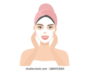 Young woman applying facial sheet mask. Skin care, beauty, cosmetics, spa and salon concept vector illustration