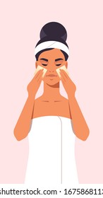 young woman applying foundation cream with spongers dressed in towel girl cleaning and care her face skincare spa relax facial treatment concept portrait vector illustration