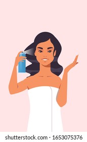 young woman applying hair spray dressed in towel girl haircare spa relax treatment concept portrait vector illustration