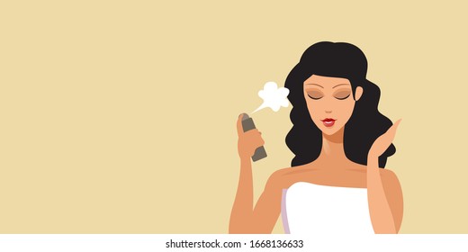 young woman applying hair spray haircare concept portrait horizontal vector illustration