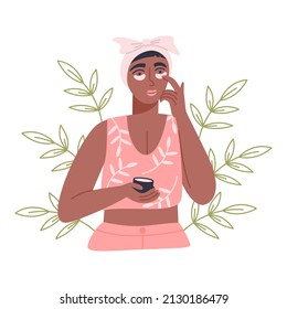 Young woman applying hydrogel eye patches on her face. Daily morning skincare routine. Vector flat illustration