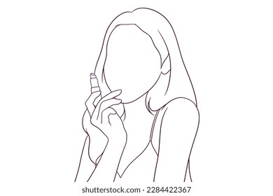 Young Woman Applying Lipstick. Beauty and Fashion Concept. Hand Drawn Vector Illustration