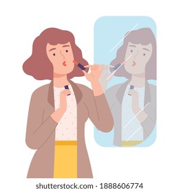 Young Woman Applying Lipstick, Girl Doing Makeup Looking at Herself in Mirror Cartoon Style Vector Illustration