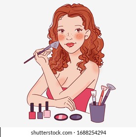 Young woman applying makeup cosmetic. Make up beauty vector concept