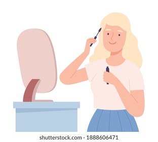 Young Woman Applying Mascara, Beautiful Blonde Girl Doing Makeup and Dyeing her Eye Lashes Cartoon Style Vector Illustration