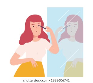 Young Woman Applying Mascara while Looking at Mirror, Beautiful Girl Doing Makeup and Dyeing her Eye Lashes Cartoon Style Vector Illustration