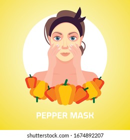 young woman applying pepper fresh vegetable face mask facial treatment skincare concept portrait vector illustration