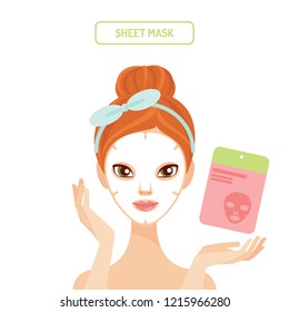 Young woman applying sheet face mask cosmetics beauty and skincare vector illustration