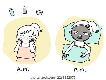 Young woman applying skin care on her face in the morning and applying face mask at night. A routine of facial nourishing treatment of teenage girl. Happy girl applying moisturizer and face mask.