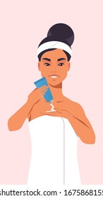 young woman applying skin cream dressed in towel girl cleaning and care her face skincare spa relax facial treatment concept portrait vector illustration