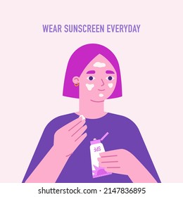 Young woman applying sunscreen face cream. Morning beauty routine concept. Sun protection vector illustration