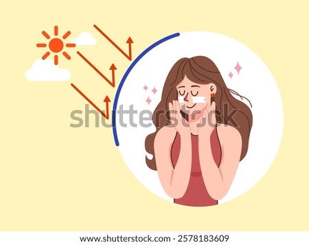 A young woman applying sunscreen to her face, protecting her skin from harmful UV rays and highlighting the importance of skincare and sun protection.