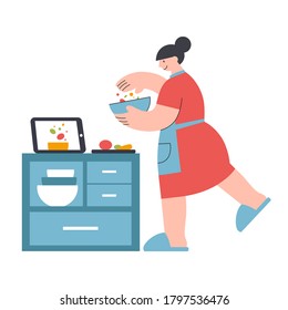 Young woman in apron cooks according to video recipe on ipad. Online cooking, culinary internet course concept. Colorful flat vector illustration isolated on white background.  